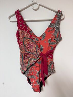 Sundance Coral & Magenta Paisley Wrap One-Piece Swimsuit